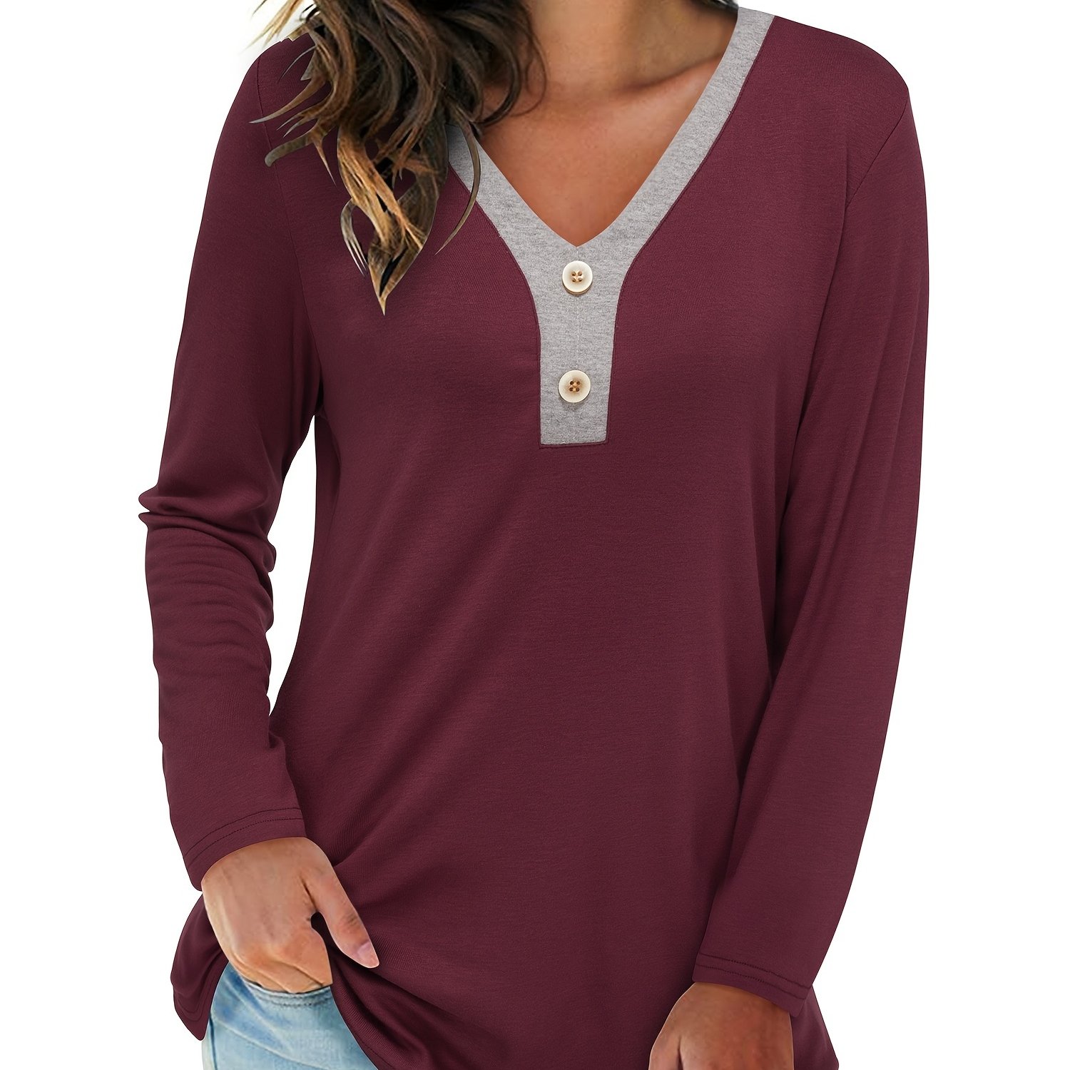 Contrast Trim Button Decor T Shirt Casual V Neck Long Sleeve T Shirt