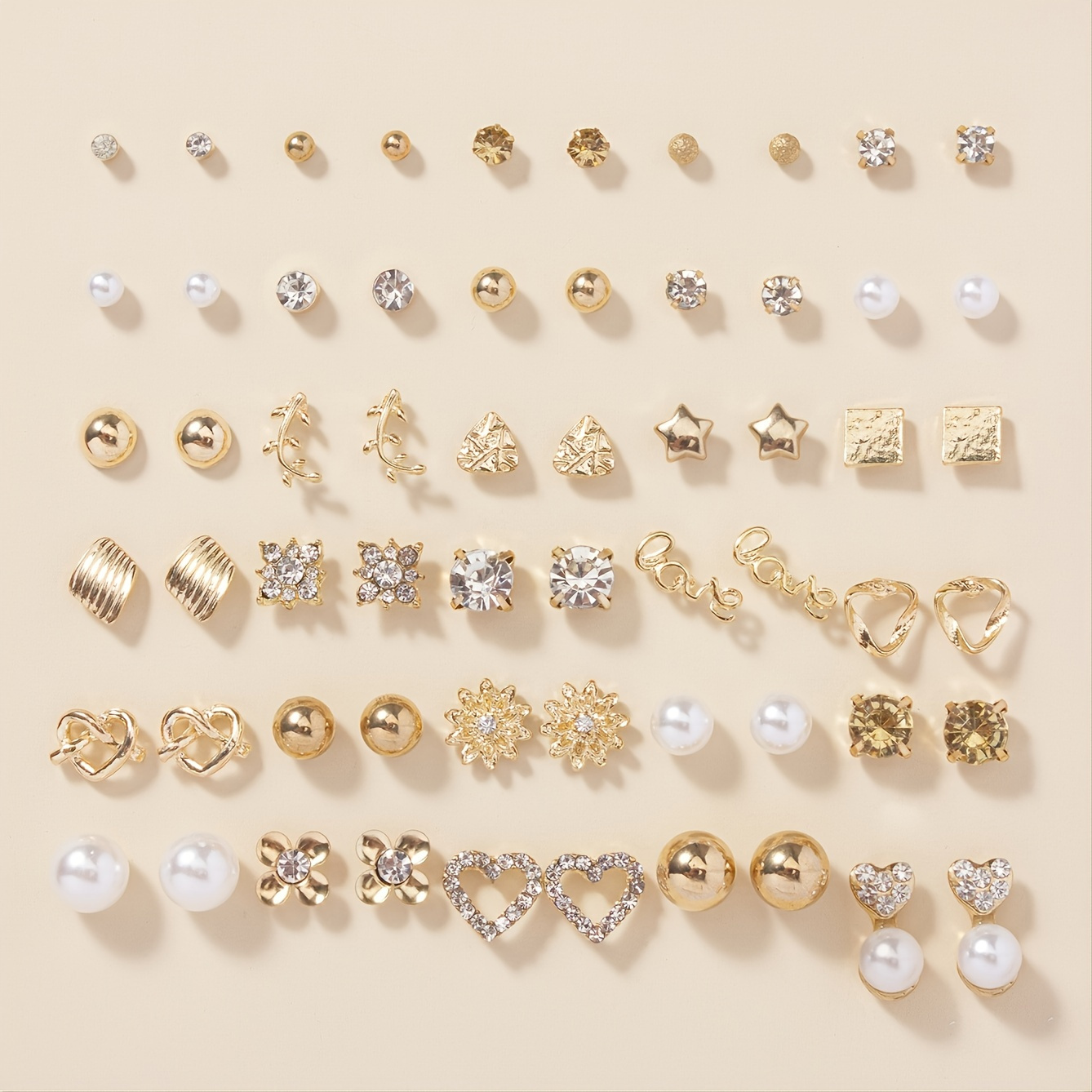 

30 Pairs Alloy Full Rhinestones Love Round Faux Pearl Letter Stud Earrings Set