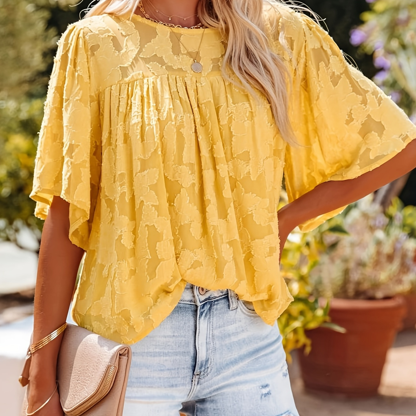 

Casual Lace Flare Sleeve Blouse, Short Sleeve Crew Neck Solid Blouse, Casual Every Day Tops, Women's Clothing