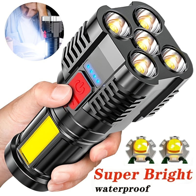 

Usb Rechargeable Flashlight With 5 Led And Cob Side Lights - 4 Modes Torch For Outdoor Camping And Fishing