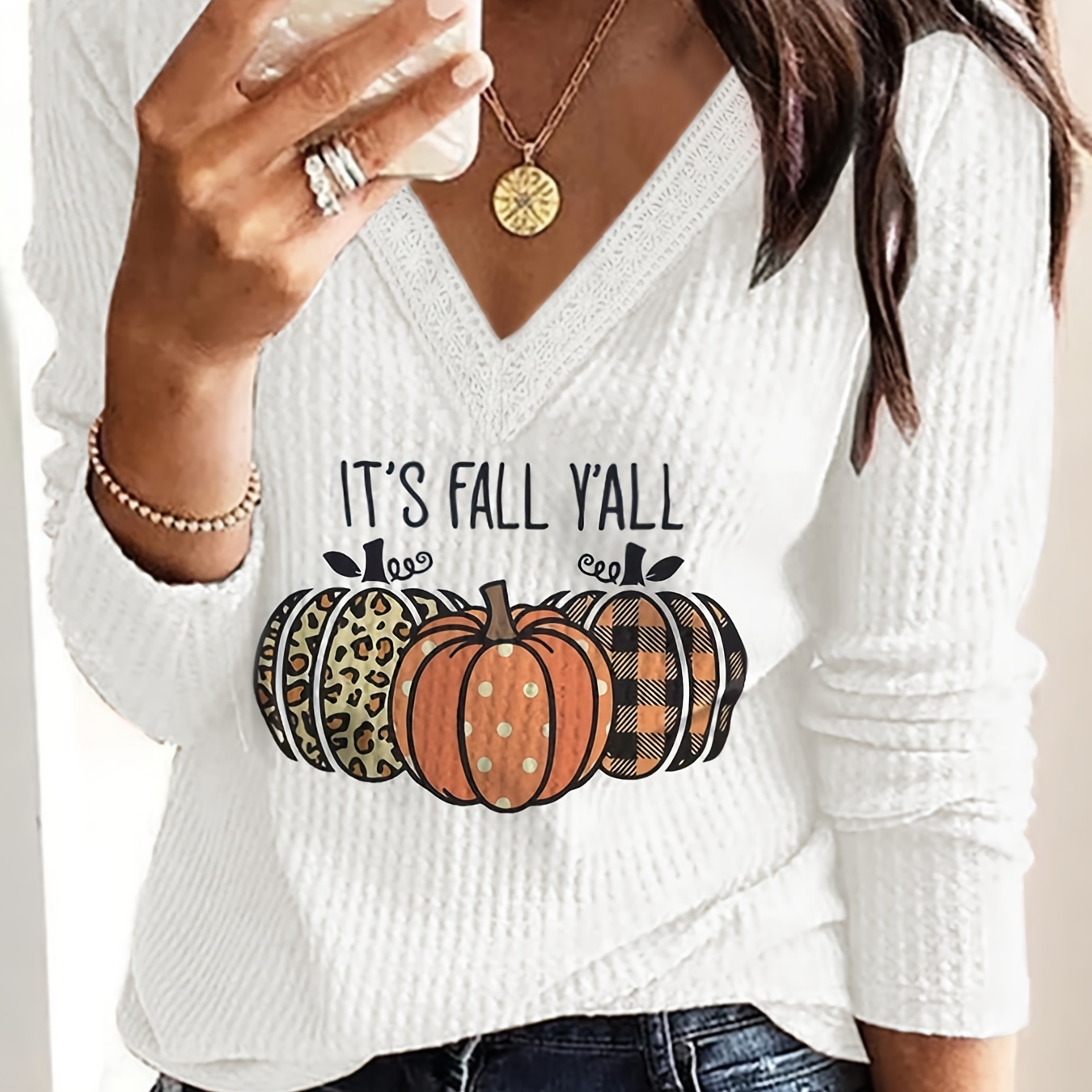 Halloween Pumpkin Print V-neck T-shirt, Versatile Long Sleeve T-shirt For Spring & Fall, Women's Clothing
Halloween Pumpkin Print V-neck T-shirt, Versatile Long Sleeve T-shirt For Spring & Fall, Women's Clothing
