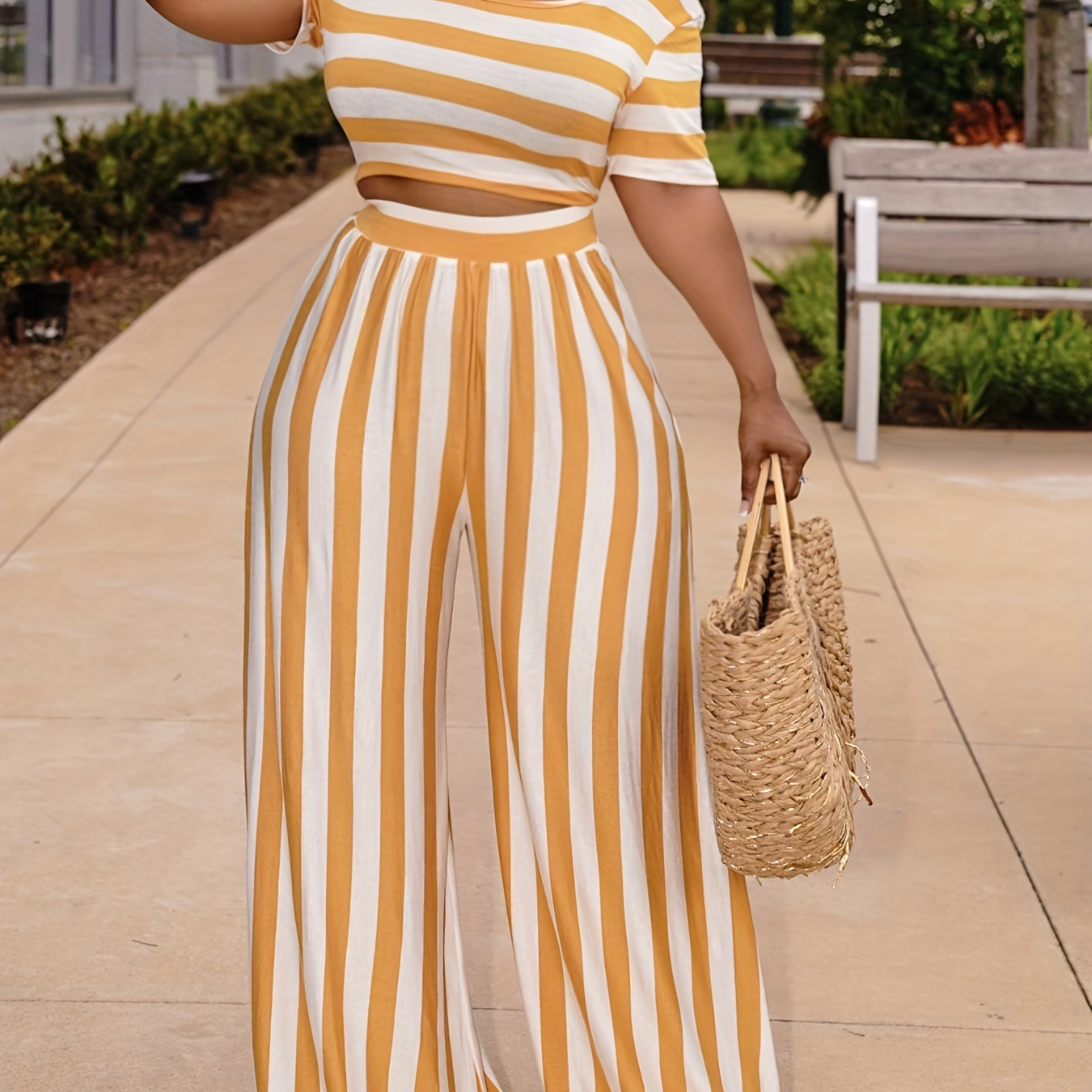 Casual Striped Matching Two-piece Set, Short Sleeve Crop Top & Wide Leg Pants Outfits, Women's Clothing
Casual Striped Matching Two-piece Set, Short Sleeve Crop Top & Wide Leg Pants Outfits, Women's Clothing