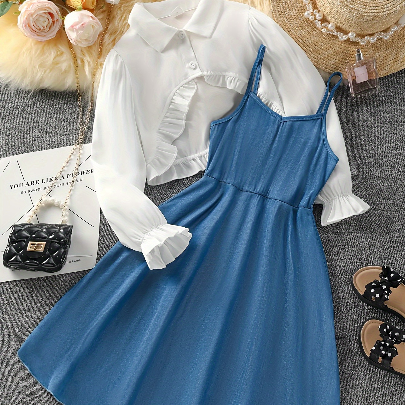 Girl Elegant Two-piece Dress Set, Imitation Denim Print Slip Dress + Ruffle Button Up Long Sleeve Cover-up Shirt Set
Girl Elegant Two-piece Dress Set, Imitation Denim Print Slip Dress + Ruffle Button Up Long Sleeve Cover-up Shirt Set