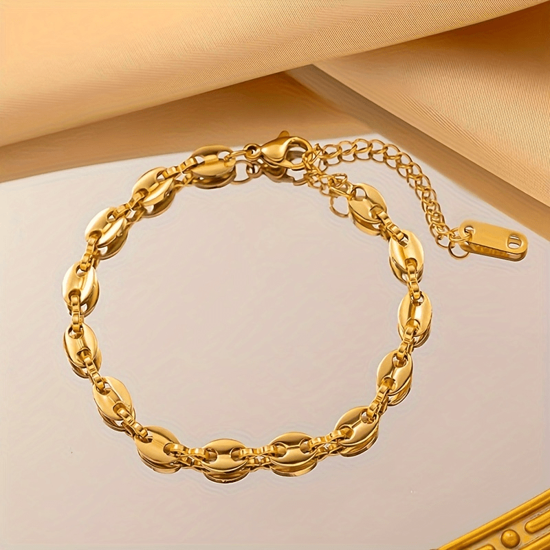 1pc Golden Stainless Steel Coffe Bean Bracelet, Elegant Trendy Style Plated Chain Bracelet, Women's Hand Jewelry
1pc Golden Stainless Steel Coffe Bean Bracelet, Elegant Trendy Style Plated Chain Bracelet, Women's Hand Jewelry