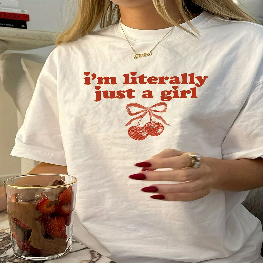 1pc Women' Style Casual Printed T-shirt With Cherry Bow Graphic, Round Neck, Short Sleeve, Polyester Knit Fabric, Regular Length - "i'm " Tee
1pc Women' Style Casual Printed T-shirt With Cherry Bow Graphic, Round Neck, Short Sleeve, Polyester Knit Fabric, Regular Length - "i'm " Tee