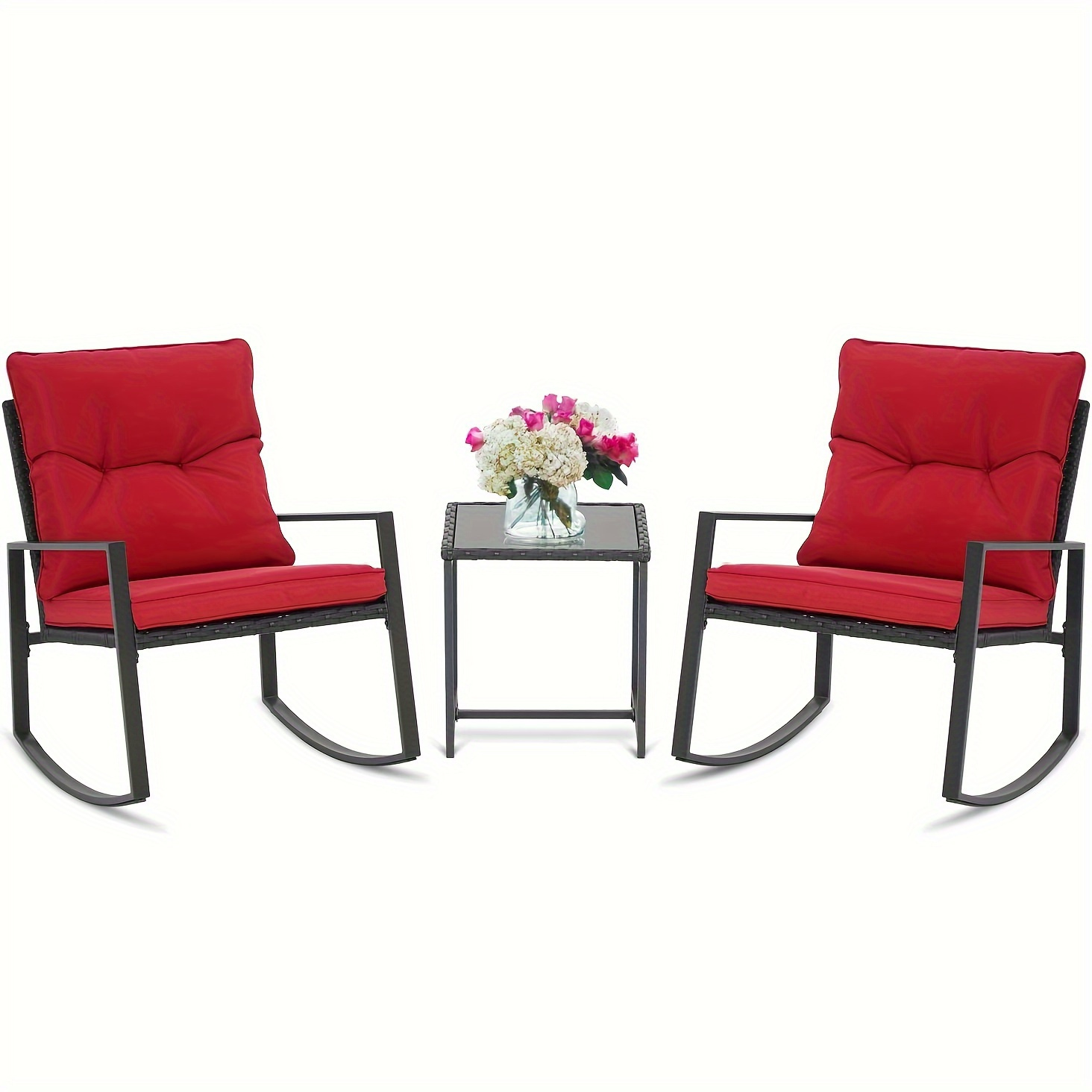 3 Piece Outdoor Rocking Bistro Set Black Wicker Furniture Porch Chairs Conversation Sets With Glass Coffee Table, Red
3 Piece Outdoor Rocking Bistro Set Black Wicker Furniture Porch Chairs Conversation Sets With Glass Coffee Table, Red