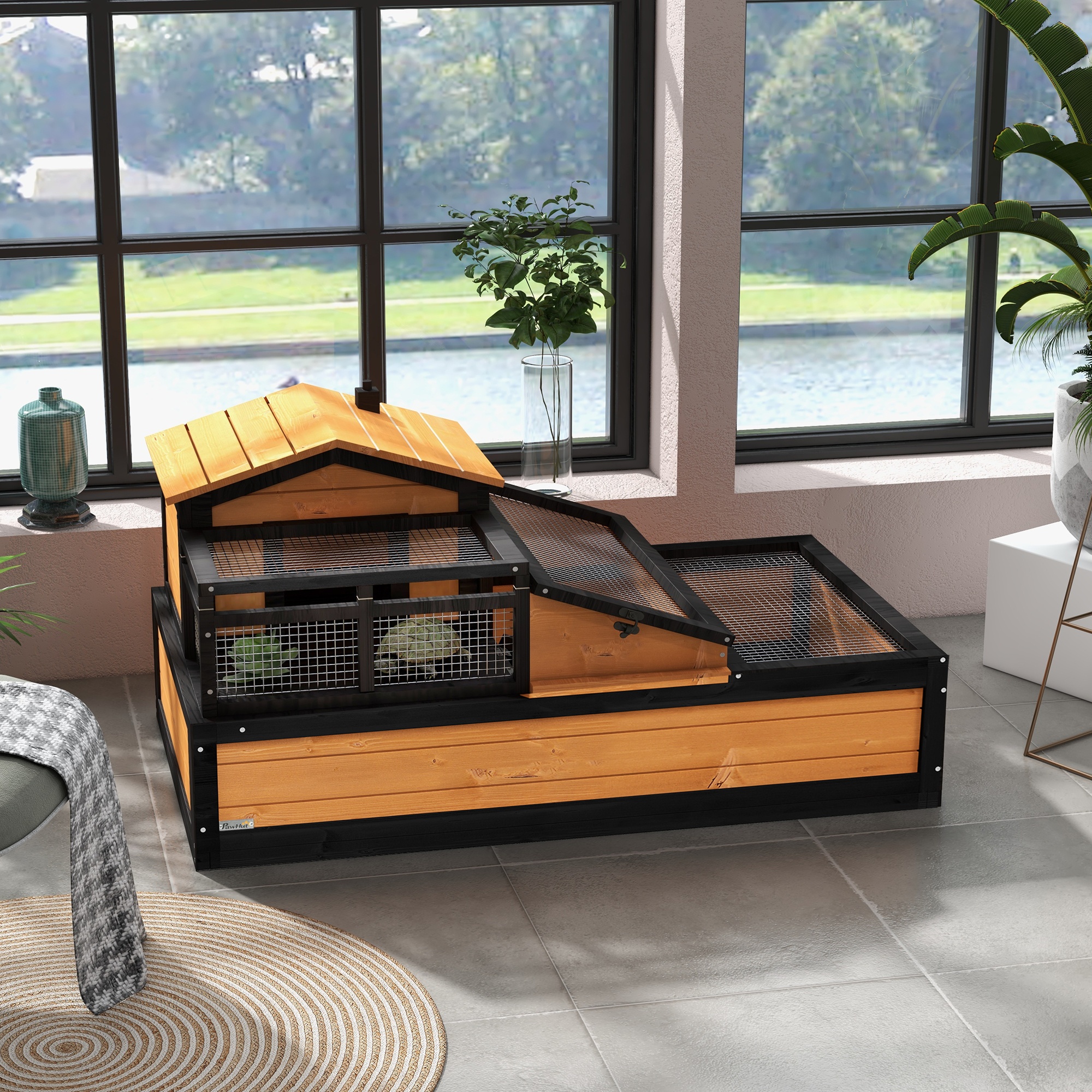 Pawhut 3-room Tortoise House Habitat & 2 Stories, Indoor/outdoor Wooden Tortoise Enclosure With Ladder, Tray, Openable Roof, Large Reptile Cage, 44" X 25. 5" X 23", Yellow
Pawhut 3-room Tortoise House Habitat & 2 Stories, Indoor/outdoor Wooden Tortoise Enclosure With Ladder, Tray, Openable Roof, Large Reptile Cage, 44" X 25. 5" X 23", Yellow