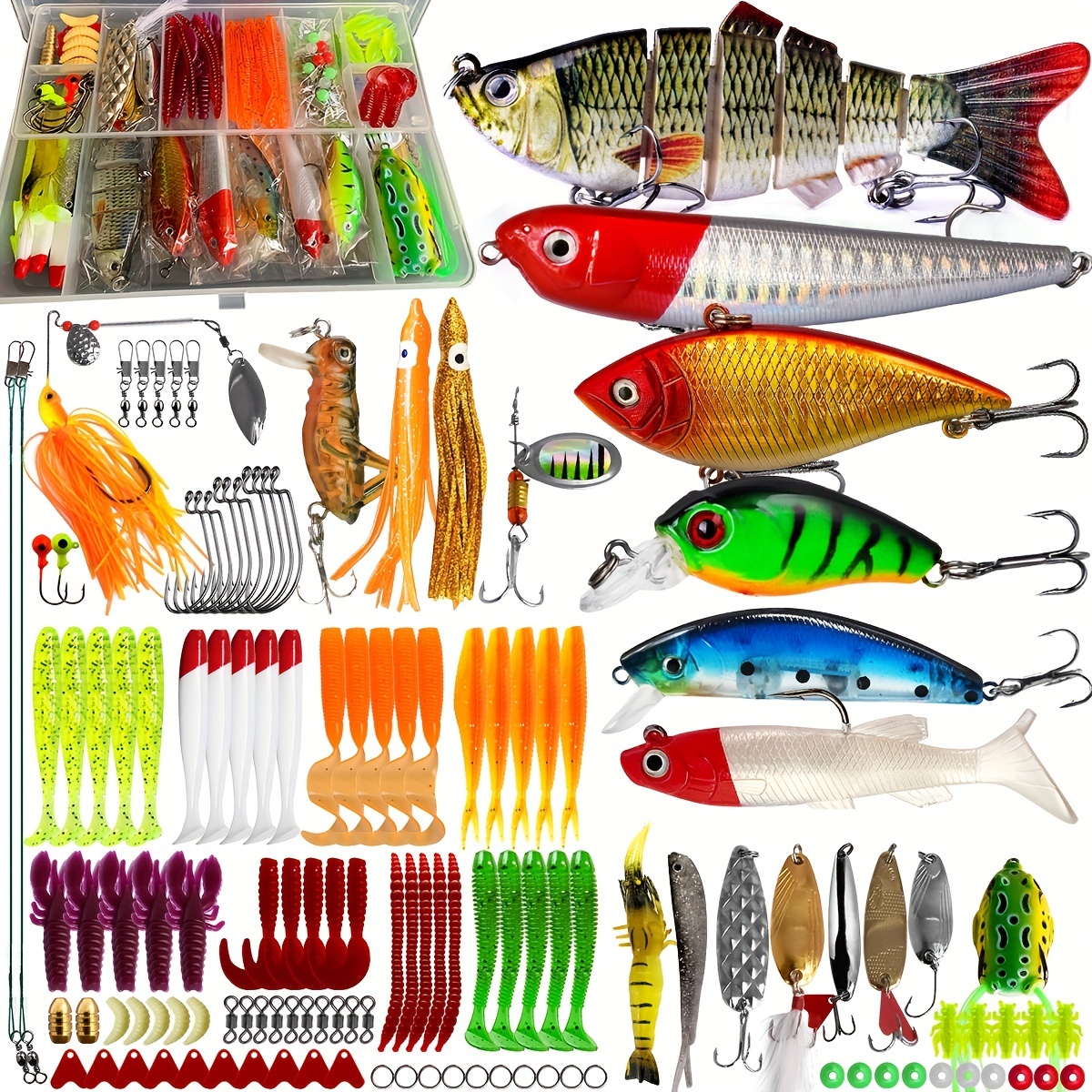 88/108/130/360pcs Complete Fishing Tackle Kit: Crankbaits, Spinnerbaits, Plastic Worms, Jigs, Topwater Lures For Trout, Bass & Salmon
88/108/130/360pcs Complete Fishing Tackle Kit: Crankbaits, Spinnerbaits, Plastic Worms, Jigs, Topwater Lures For Trout, Bass & Salmon