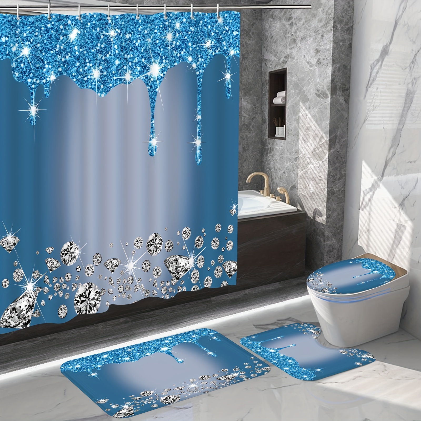 

4pcs Bathroom Shower Curtain Set, Sparkling Diamond-pattern Bathroom Curtain With 12 Hooks, Bathroom Non Slip Rugs, Toilet Cover Mat, Bathroom Partition, Room Decor