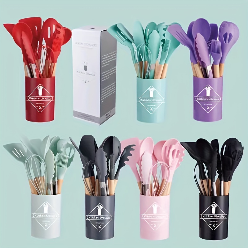 

12pcs/set Silicone Cooking Tools Include Storage Container, Kitchenware Silicone Kitchen Utensils With Wooden Handles, Kitchen Accessories