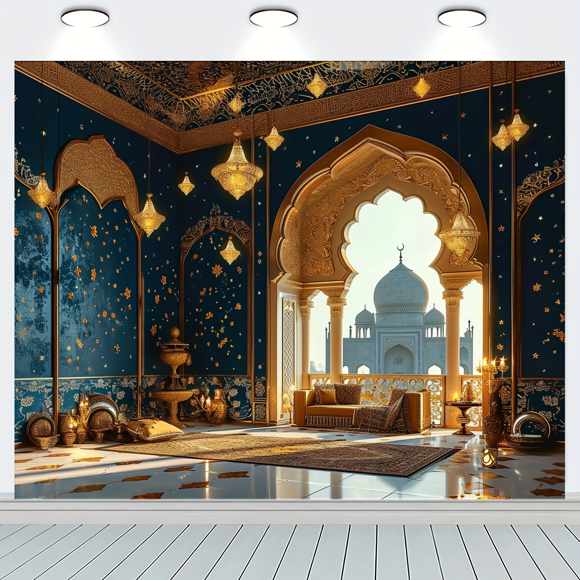 1pc Eid Mubarak Background Mubarak Logo With Stars Moon Mosque Blue