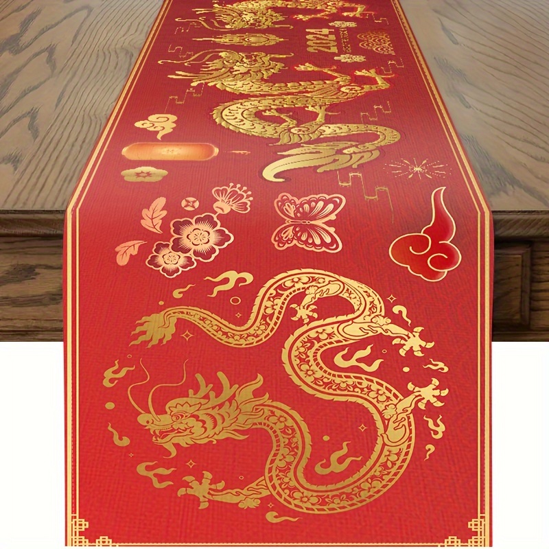 1pc, Polyester Table Runner, Happy New Year Dragon Printed Table Runner, Home Kitchen Lanterns Oriental Red Decor, Asian Party Decorations For Spring Festival Party Supplies
1pc, Polyester Table Runner, Happy New Year Dragon Printed Table Runner, Home Kitchen Lanterns Oriental Red Decor, Asian Party Decorations For Spring Festival Party Supplies