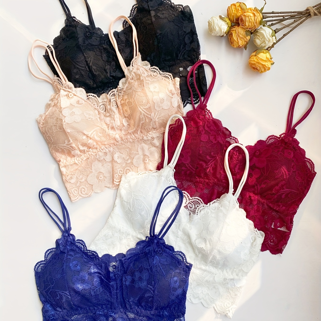 

5pcs Floral Lace Scallop Trim Bralettes, Lightweight & Soft Double Straps Bras With Chest Pad, Women's Lingerie & Underwear