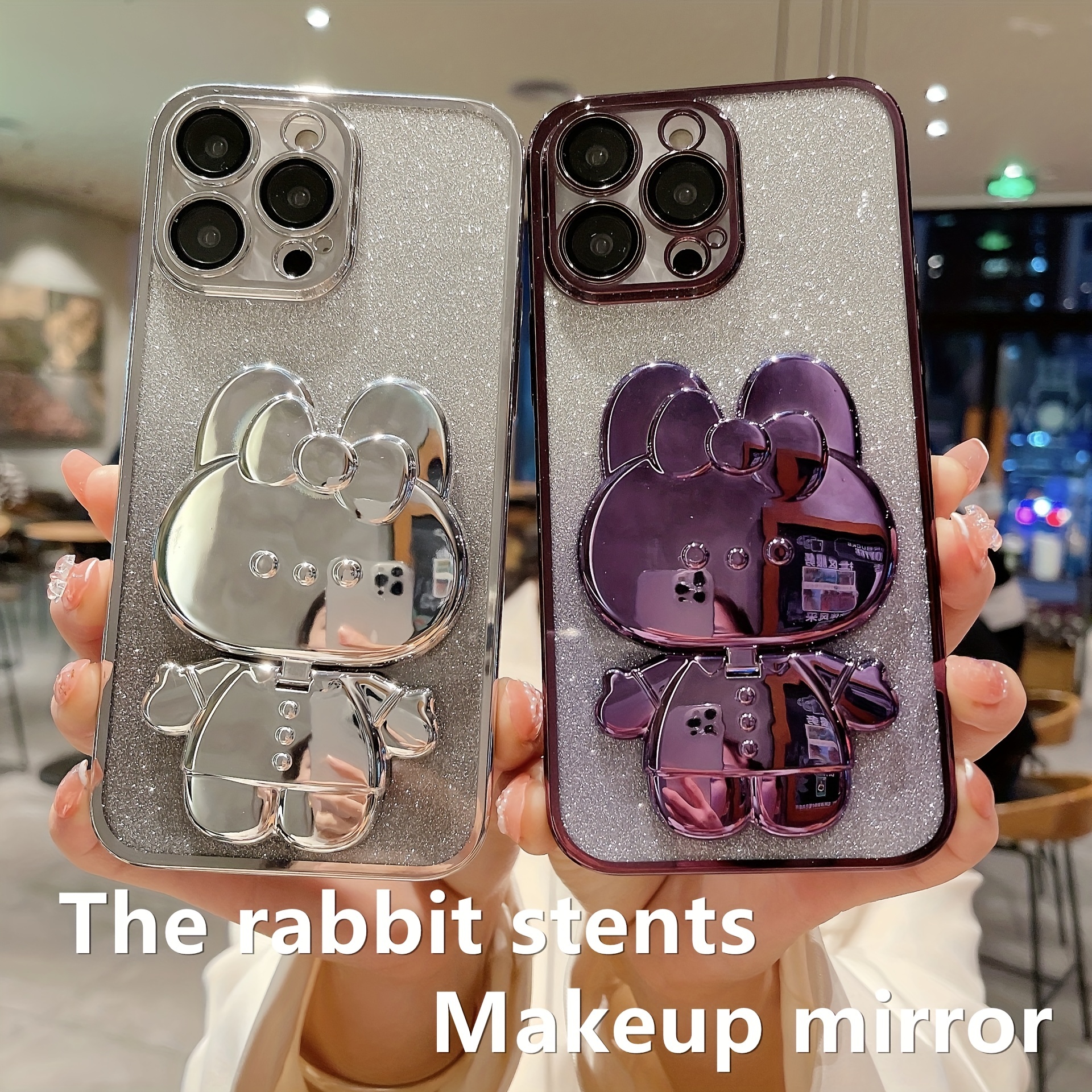 

Kawaii Cat Invisible Make-up Mirror Bracket With Lens Film Gradient Flash Powder Advanced Sense All-inclusive Anti-fall Phone Case For Iphone