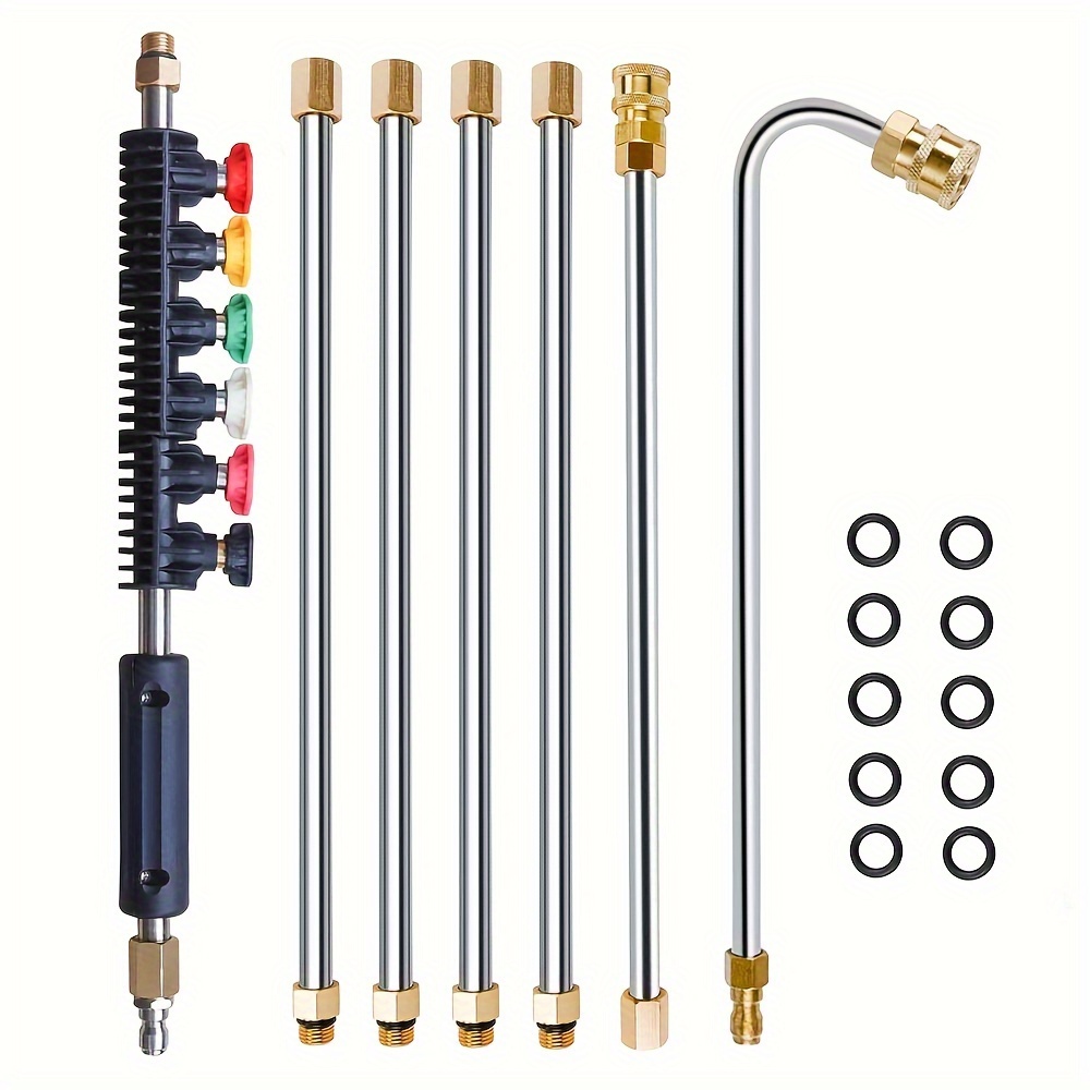 7pcs High Pressure Washer Extension Wand, Power Washer Lance 1/4 Quick Connect, With 6 Nozzle Heads, 10 O-rings, 1 120-degree Drainage Trough Extended Elbow Cleaning Rod
7pcs High Pressure Washer Extension Wand, Power Washer Lance 1/4 Quick Connect, With 6 Nozzle Heads, 10 O-rings, 1 120-degree Drainage Trough Extended Elbow Cleaning Rod