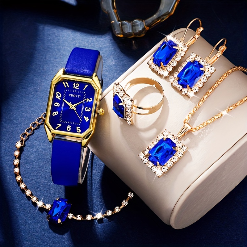 

6pcs/set Women's Watch Retro Rectangle Pointer Quartz Watch Analog Pu Leather Wrist Watch & Jewelry Set, Gift For Mom Her