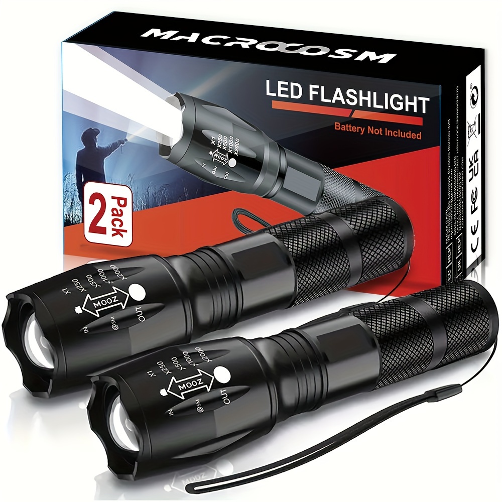 

2pcs Led Flashlights, High Lumen Tactical Flashlights With 5 Modes, Waterproof & Zoomable, Portable Torch For Camping, Hiking Outdoor, Home Emergency, Battery Not Included