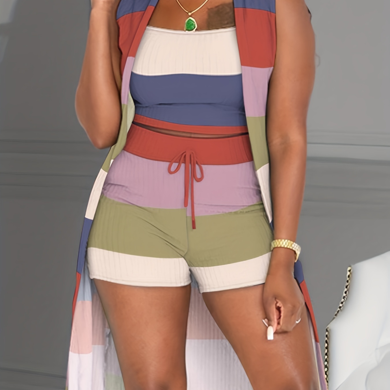 Casual Color Block Two-piece Set, Sleeveless Coat + Cami Top + Drawstring Shorts Outfits, Women's Clothing
Casual Color Block Two-piece Set, Sleeveless Coat + Cami Top + Drawstring Shorts Outfits, Women's Clothing