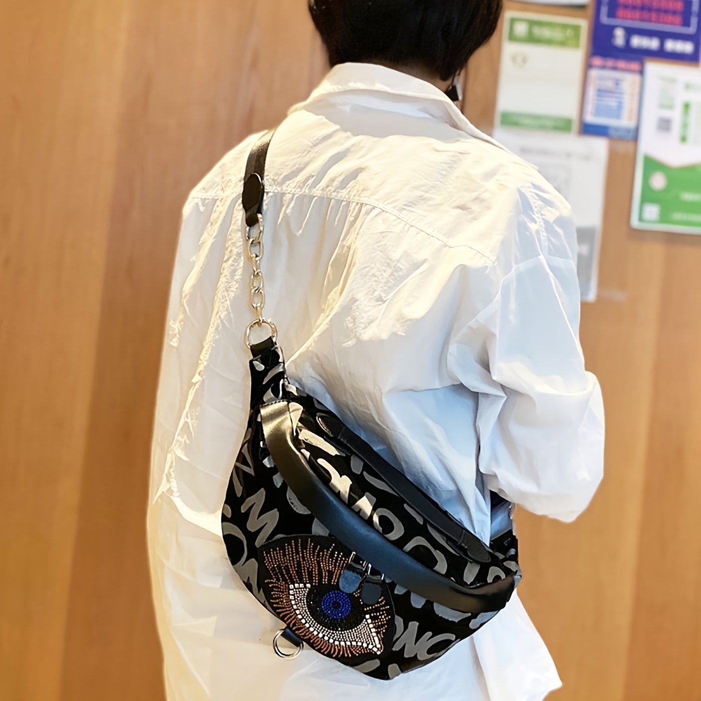 Stylish Rhinestone-embellished Women’s Crossbody Bag – Black & White Letter Print With Blue Eye Charm, Adjustable Strap, Large Capacity, Lightweight For Commuting, Casual Wear, And Summer Outfits
Stylish Rhinestone-embellished Women’s Crossbody Bag – Black & White Letter Print With Blue Eye Charm, Adjustable Strap, Large Capacity, Lightweight For Commuting, Casual Wear, And Summer Outfits