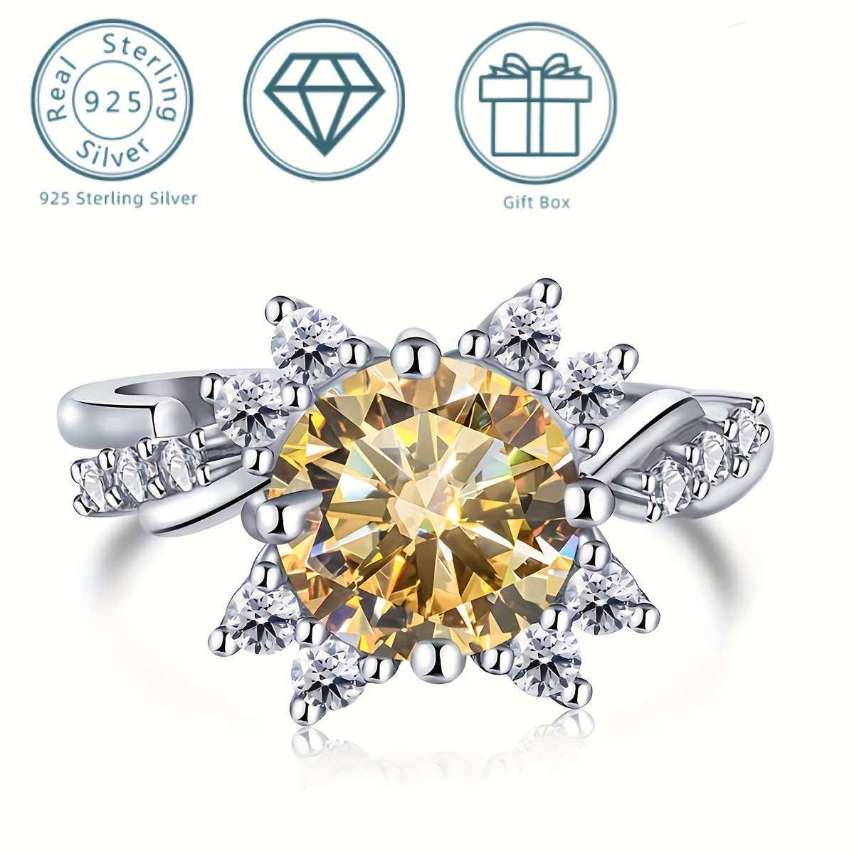 2ct Moissanite Promise Ring 925 Sterling Silver Sparkling Sunflower Design Symbol Of High Quality Engagement/ Wedding Ring With Gift Box
2ct Moissanite Promise Ring 925 Sterling Silver Sparkling Sunflower Design Symbol Of High Quality Engagement/ Wedding Ring With Gift Box