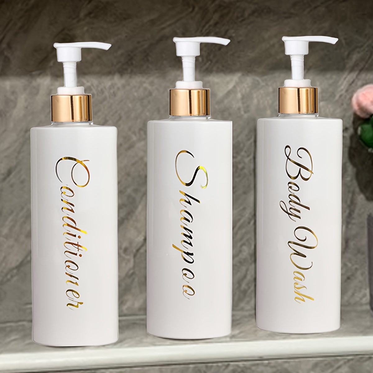 3pcs 500ml Elegant White Dispenser Set With Golden Labels - Plastic, Formaldehyde-free For Shampoo, Conditioner, & Body Wash - Press For Bathroom Organization, Bathroom Accessories
3pcs 500ml Elegant White Dispenser Set With Golden Labels - Plastic, Formaldehyde-free For Shampoo, Conditioner, & Body Wash - Press For Bathroom Organization, Bathroom Accessories