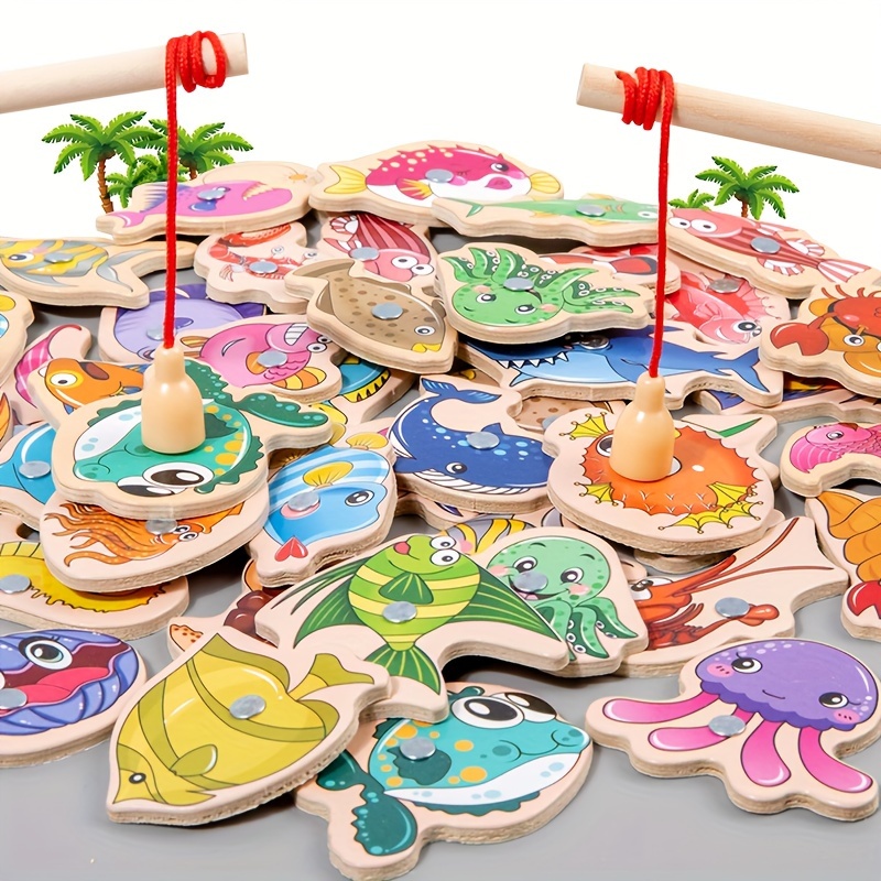 

Wooden Magnetic Fishing Toys For Baby, Cartoon Marine Life Cognition Fish Games Education Parent-child Interactive,christmas Gift,halloween Gift,thanksgiving Gift