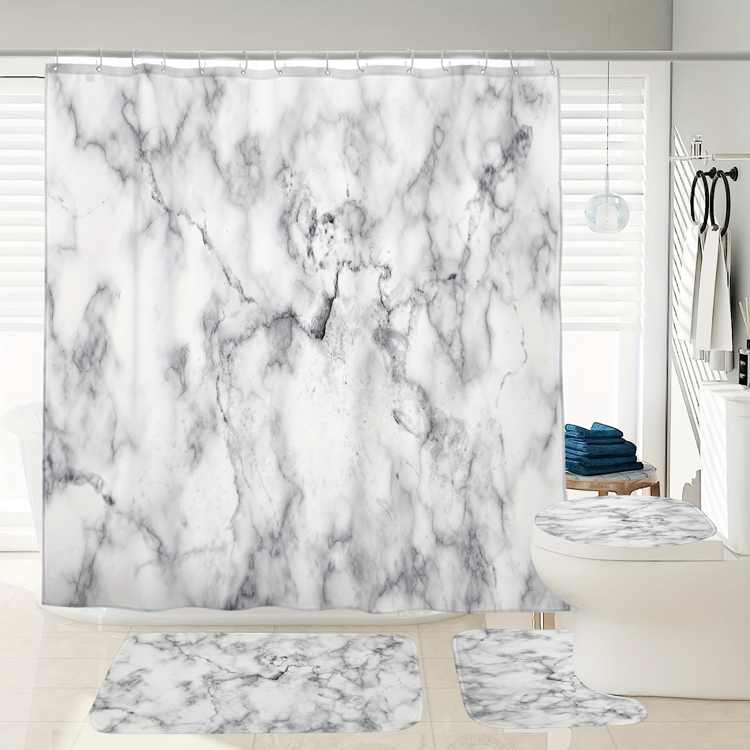 1/3/4pcs Marble Pattern Shower Curtain Set, Shower Curtain With 12 Hooks, Non-slip Bath Mat, U-shaped Toilet Mat, Toilet Mat, Bathroom Accessories
1/3/4pcs Marble Pattern Shower Curtain Set, Shower Curtain With 12 Hooks, Non-slip Bath Mat, U-shaped Toilet Mat, Toilet Mat, Bathroom Accessories