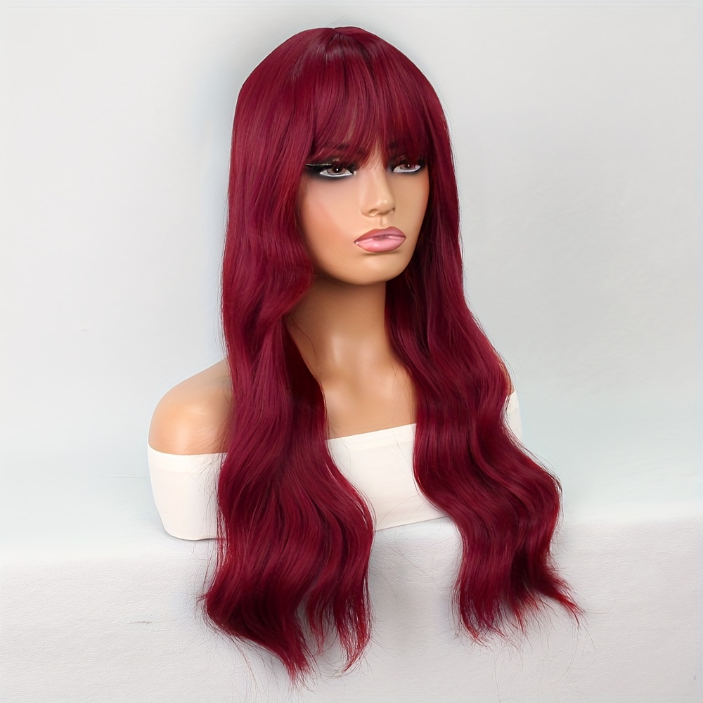 Long Wine Red Wigs Women Curly Synthetic Burgundy Wig Bangs Temu