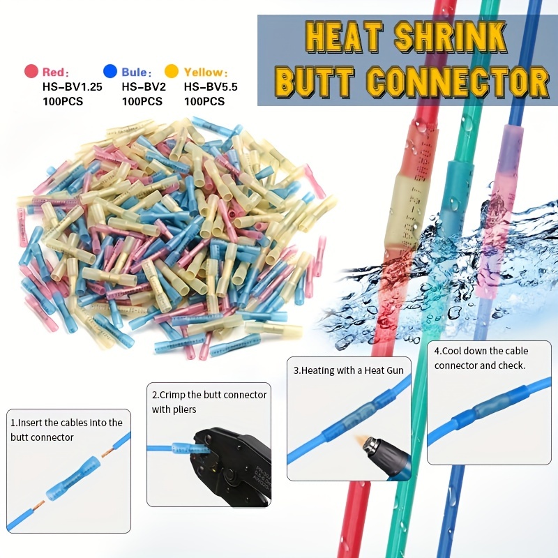 100pcs Red/ Yellow/ Blue Assorted Fullly Insulated Heat Shrink Butt Splice Connectors Waterproof Crimp Terminals Soldering Sleeve Kit
100pcs Red/ Yellow/ Blue Assorted Fullly Insulated Heat Shrink Butt Splice Connectors Waterproof Crimp Terminals Soldering Sleeve Kit
