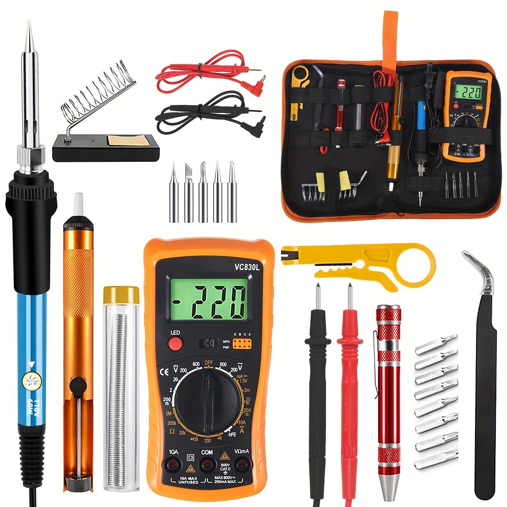 1 Set 60w Soldering Iron 110v/220v Adjustable Temperature Electric Soldering Iron Kits With Digital Multimeter Soldering Tips Desoldering Pump Solder Station Repair Tools 19pcs/sets Solder Rework Tool
1 Set 60w Soldering Iron 110v/220v Adjustable Temperature Electric Soldering Iron Kits With Digital Multimeter Soldering Tips Desoldering Pump Solder Station Repair Tools 19pcs/sets Solder Rework Tool