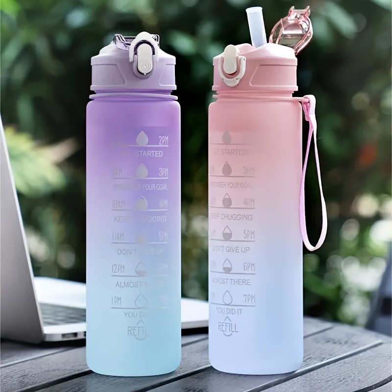 

280ml/750ml Leakproof Gradient Color Water Bottle With Time Mark And Straw - Bpa Free For Sports, Fitness, Gym, And Travel - Includes Random Color Lanyard - Available In 9.5oz And 25oz Sizes