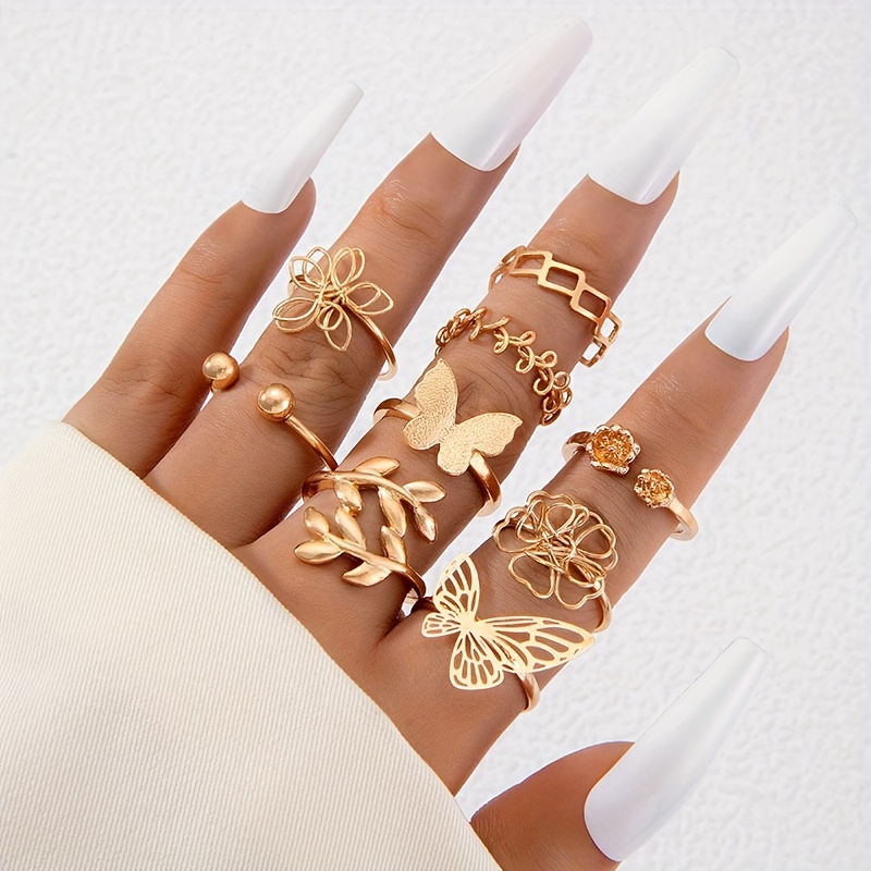 Stylish Stacking Rings Trendy Butterfly Leaf Flower Design Temu