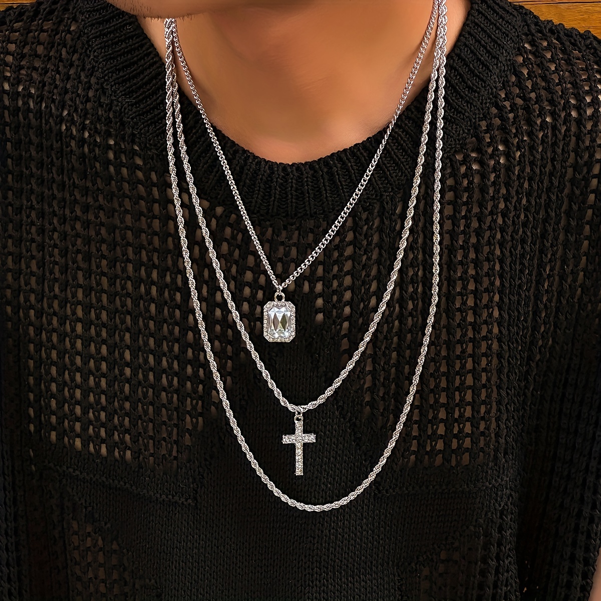 Men S Multi Layer Cross Pendant Necklace Set Temu United Kingdom