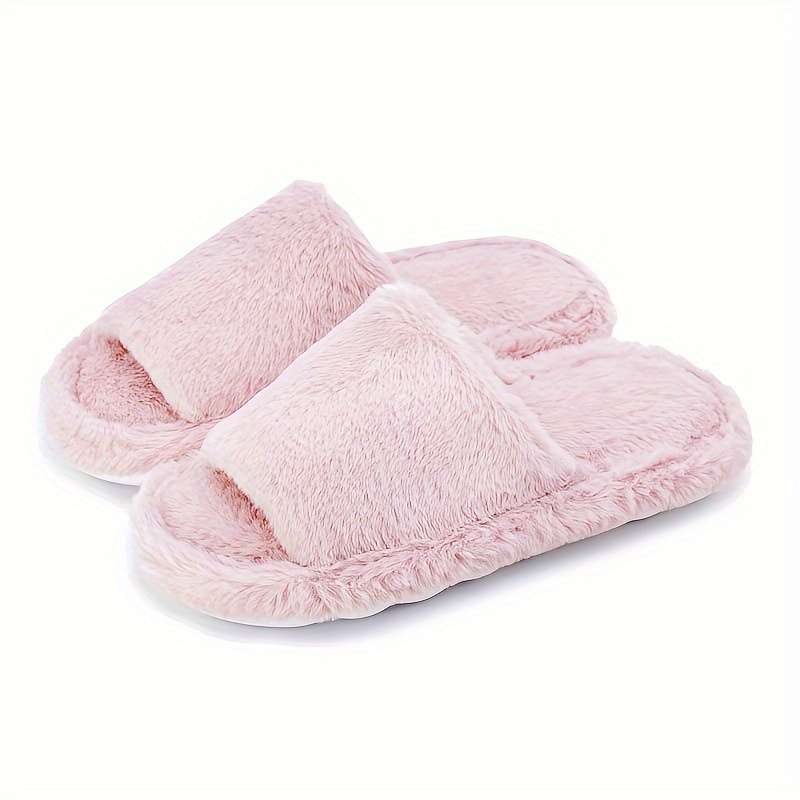 Simple Style Solid Color Plush Slippers Open Toe Slip Fuzzy Temu