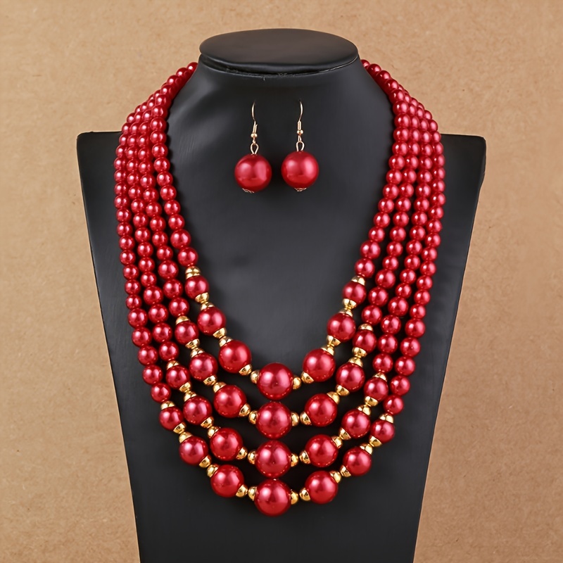 earrings and necklace handmade ornament suit production red bead-temu japan