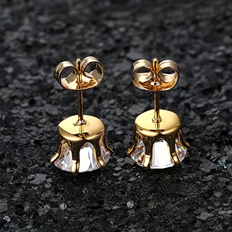 Classic Stainless Steel Zircon Decor Stud Earrings Statement Temu