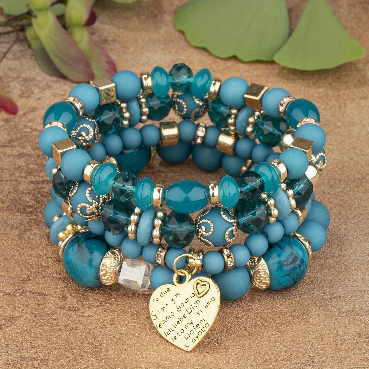 

Heart Charm Beads Layered Bracelet Set Pompomia Bracelet Charm Vintage Jewelry Valentine's Day Gift