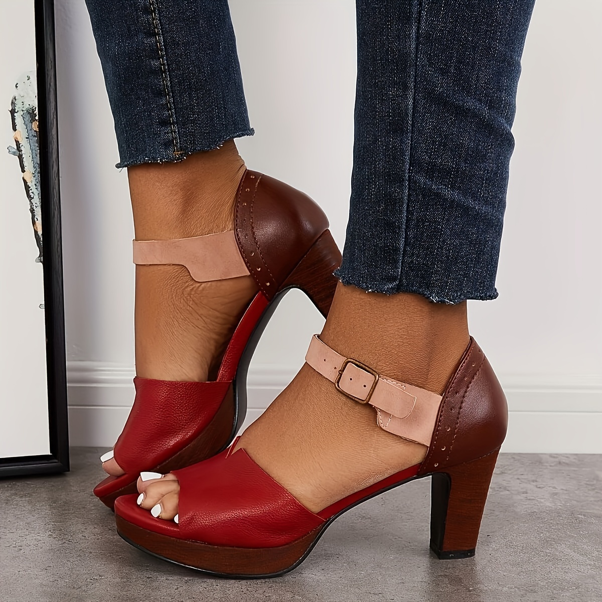 Women's Buckle Strap Open Toe Chunky Heel Sandals, Solid Color D'orsay High Heels, Faux Leather Shoes
Women's Buckle Strap Open Toe Chunky Heel Sandals, Solid Color D'orsay High Heels, Faux Leather Shoes