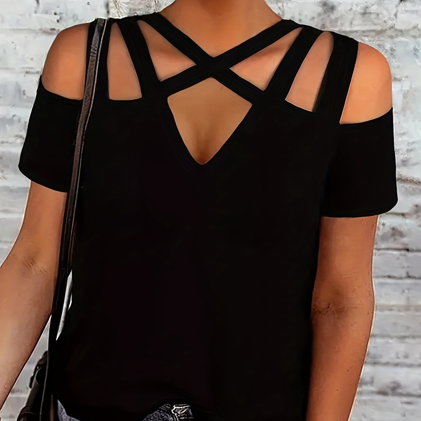 

Solid Criss Cross Neck T-shirt, Casual Cold Shoulder Short Sleeve T-shirt, Women's Clothing