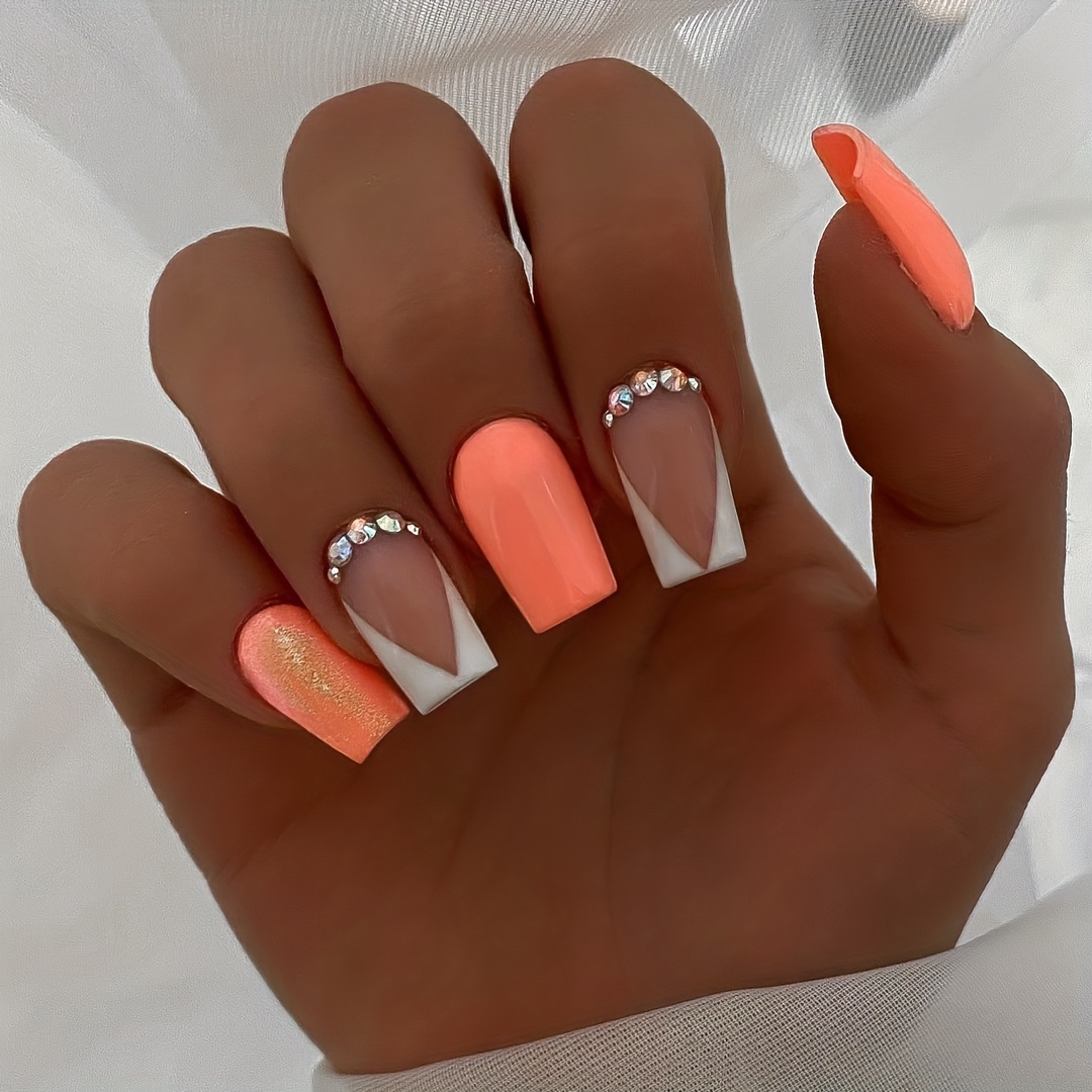 24pcs Glossy Medium Square Fake Nails, White French Tip Press On Nails With Rhinestone Design, Pumpkin Orange False Nails For Women Girls
24pcs Glossy Medium Square Fake Nails, White French Tip Press On Nails With Rhinestone Design, Pumpkin Orange False Nails For Women Girls