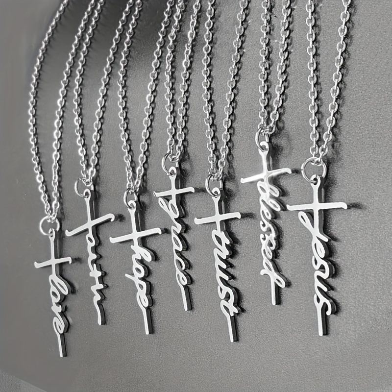 1pc Classic Silver Stainless Steel Christian Cross Letter Of Faith Love Hope Blessed Grace Word Church Prayer Religious Pendant Necklace
1pc Classic Silver Stainless Steel Christian Cross Letter Of Faith Love Hope Blessed Grace Word Church Prayer Religious Pendant Necklace