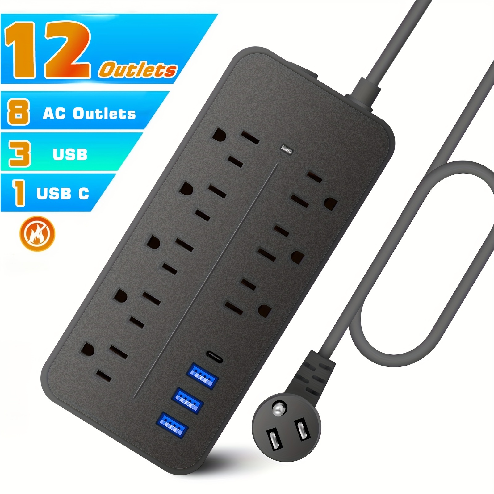 12-in-1 With 8 Ac Outlets, 3 Usb , Type-c Port, Featuring A Light, Power Socket, And Individual Switches, With A Cable Length Of 1.2m/4ft.
12-in-1 With 8 Ac Outlets, 3 Usb , Type-c Port, Featuring A Light, Power Socket, And Individual Switches, With A Cable Length Of 1.2m/4ft.