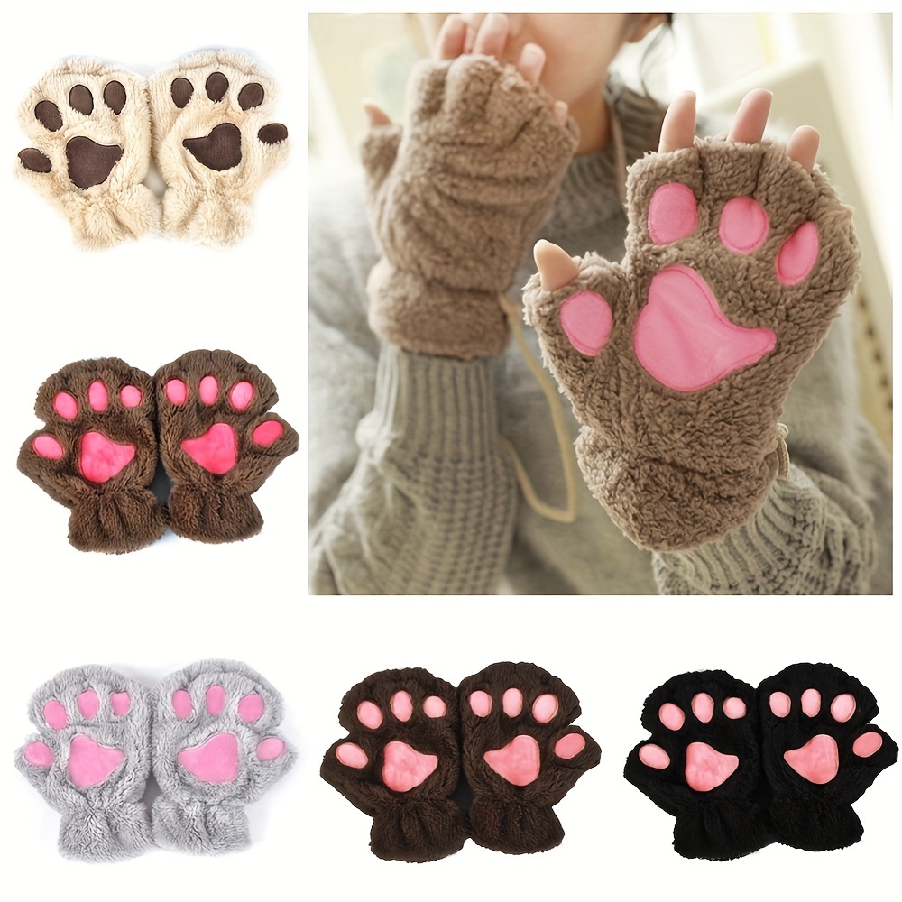 

Cute Cat Paw Plush Gloves Winter Half Finger Warm Cartoon Cat Claw Gloves Thickened Soft Short Touchscreen Gloves