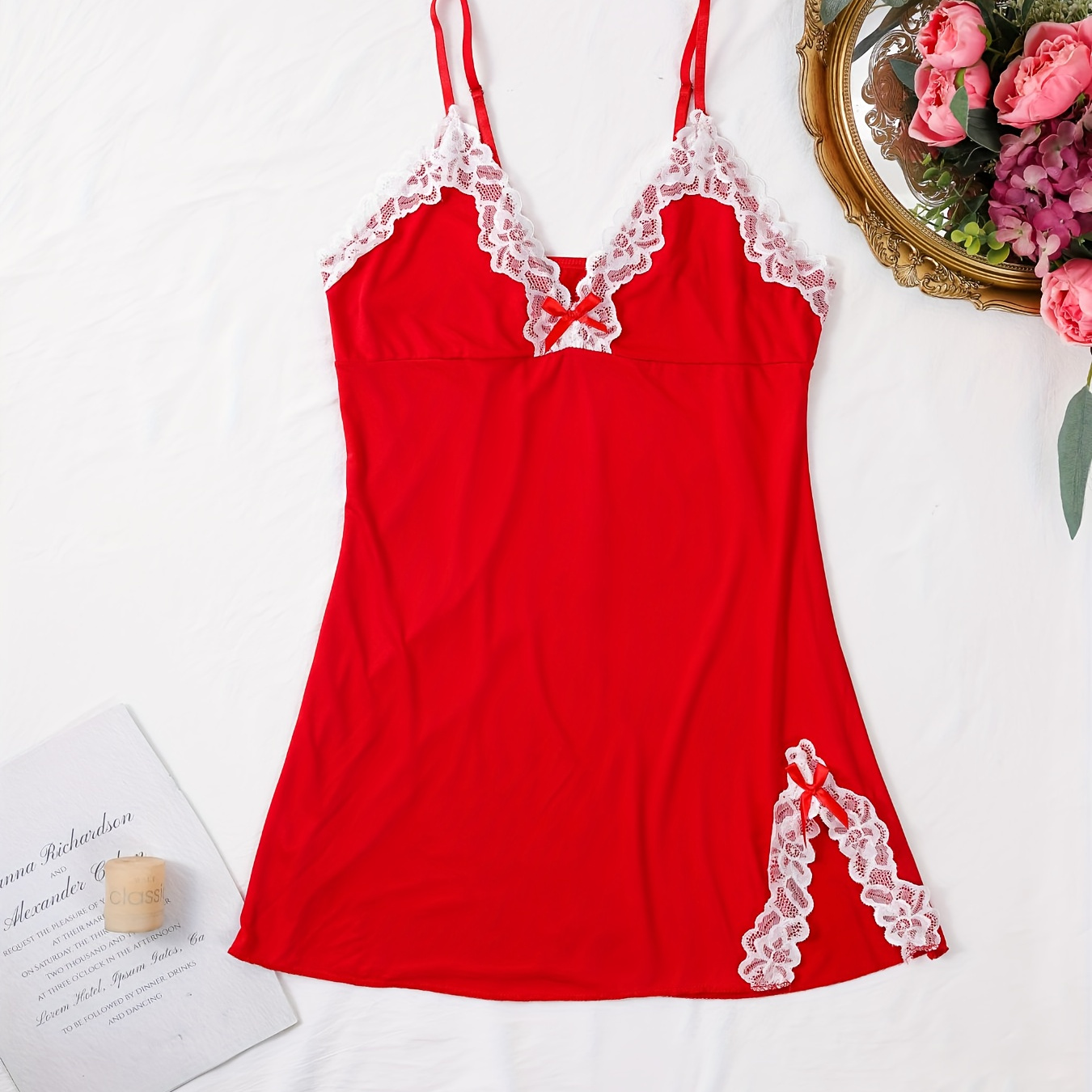 

Lace Stitching Side Split Nightdress, Elegant V Neck Bow Tie Spaghetti Strap Sleep Dress, Women's Sleepwear & Dresses