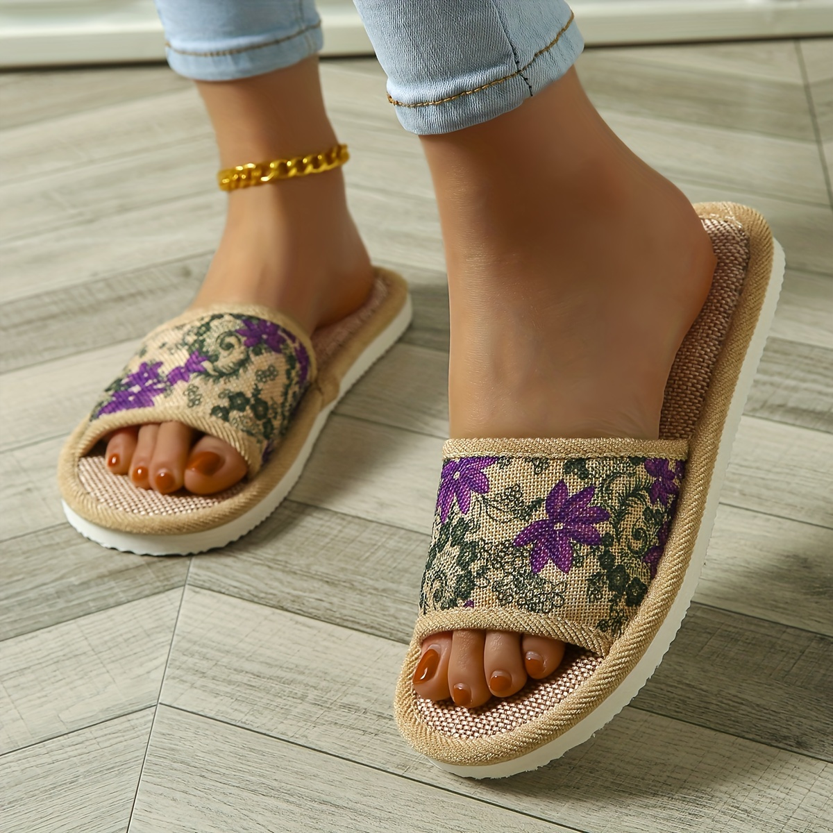 Women's Linen Floral Print Slippers, Slip-on Non-slip Soft Sole Home Slippers, Breathable Indoor Slippers
Women's Linen Floral Print Slippers, Slip-on Non-slip Soft Sole Home Slippers, Breathable Indoor Slippers