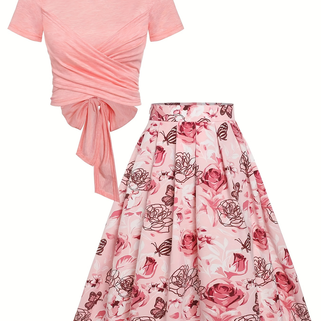Elegant Two-piece Skirt Set, Solid Criss Cross Tie Back Top & Floral Print Skirt Outfits, Women's Clothing
Elegant Two-piece Skirt Set, Solid Criss Cross Tie Back Top & Floral Print Skirt Outfits, Women's Clothing