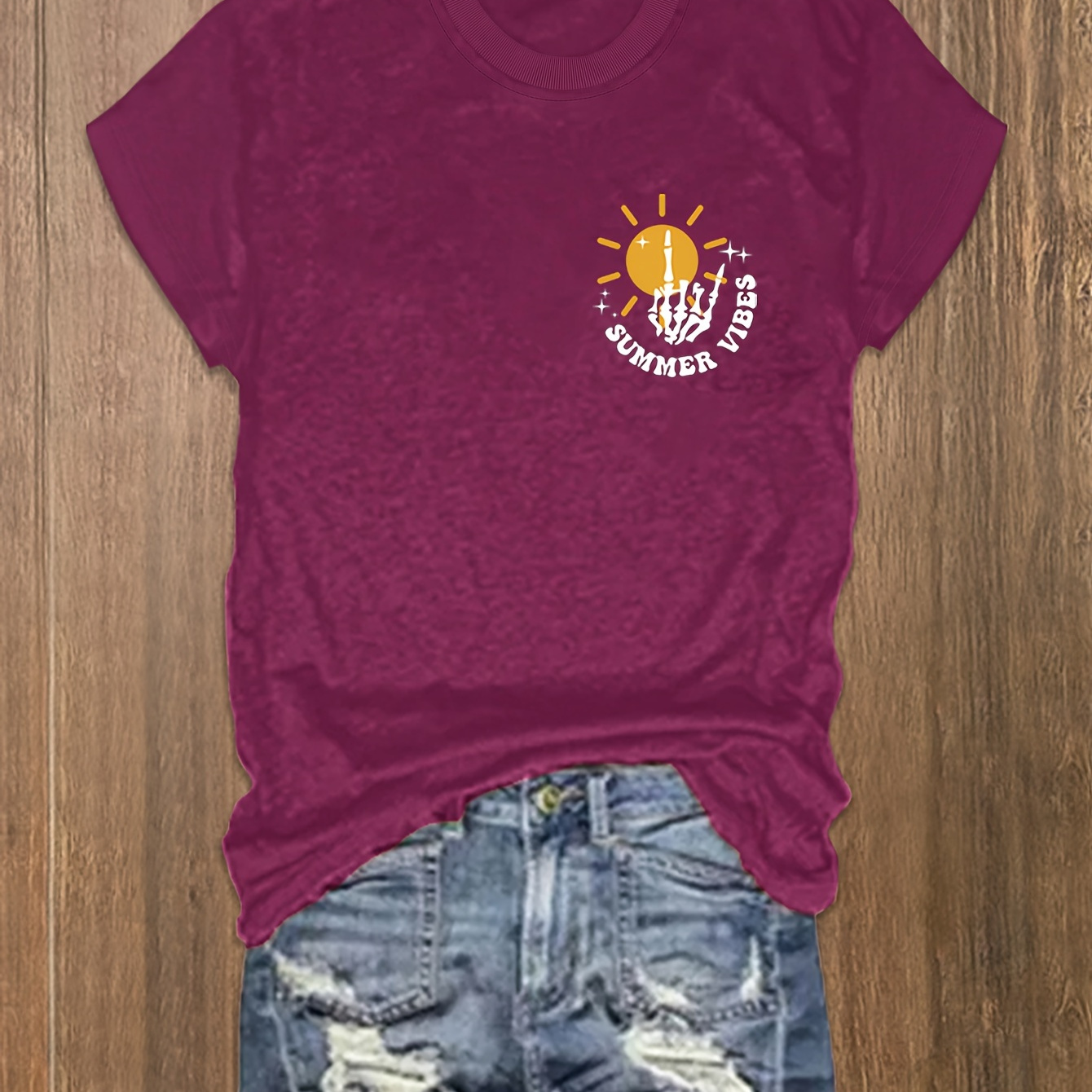 Sun & Letter Print T-shirt, Casual Crew Neck Short Sleeve Top For Spring & Summer, Women's Clothing
Sun & Letter Print T-shirt, Casual Crew Neck Short Sleeve Top For Spring & Summer, Women's Clothing