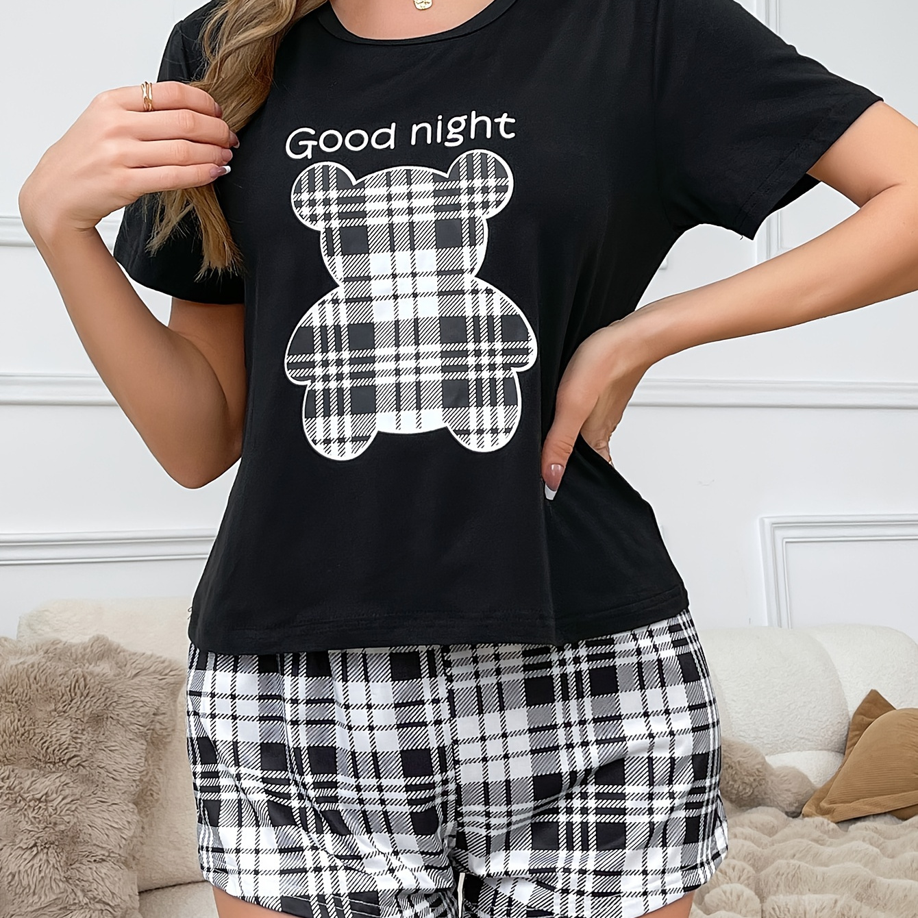 Plaid Bear & Slogan Print Pajama Set, Casual Short Sleeve Round Neck T-shirt & Shorts, Women's Sleepwear
Plaid Bear & Slogan Print Pajama Set, Casual Short Sleeve Round Neck T-shirt & Shorts, Women's Sleepwear