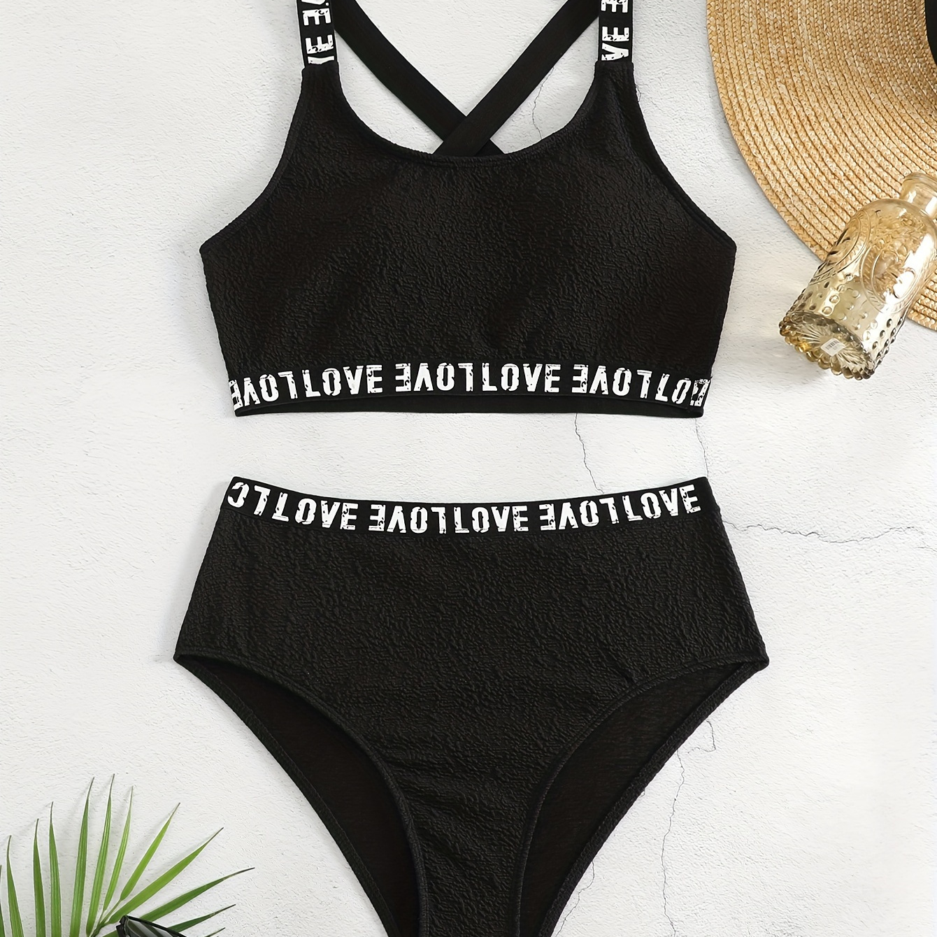 Letter Pattern 2 Piece Set Bikini, Round Neck Criss Cross Straps High Waist Swimsuits, Women's Swimwear & Clothing
Letter Pattern 2 Piece Set Bikini, Round Neck Criss Cross Straps High Waist Swimsuits, Women's Swimwear & Clothing