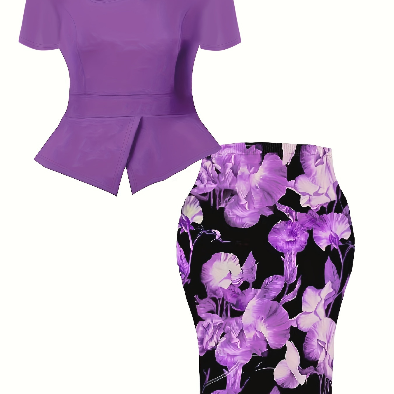 Plus Size Elegant Slim Two-piece Skirt Set, Hollow Out Short Sleeve Top & Floral Print Bodycon Skirt Outfits, Women's Plus Size Clothing
Plus Size Elegant Slim Two-piece Skirt Set, Hollow Out Short Sleeve Top & Floral Print Bodycon Skirt Outfits, Women's Plus Size Clothing